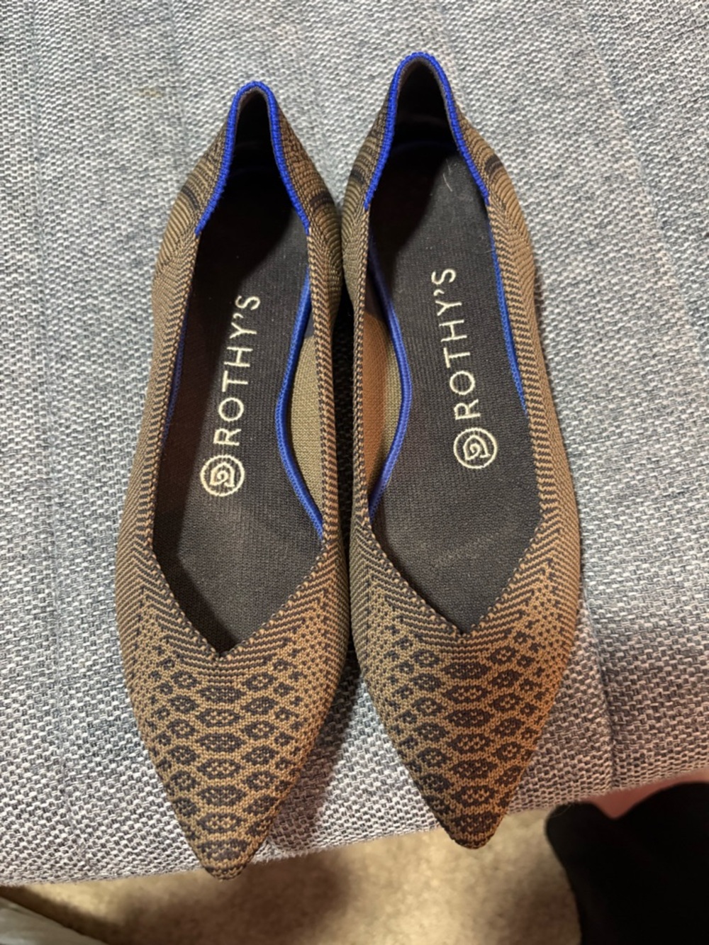 Rothy's Brown Pointed Knit Flats with Blue Trim